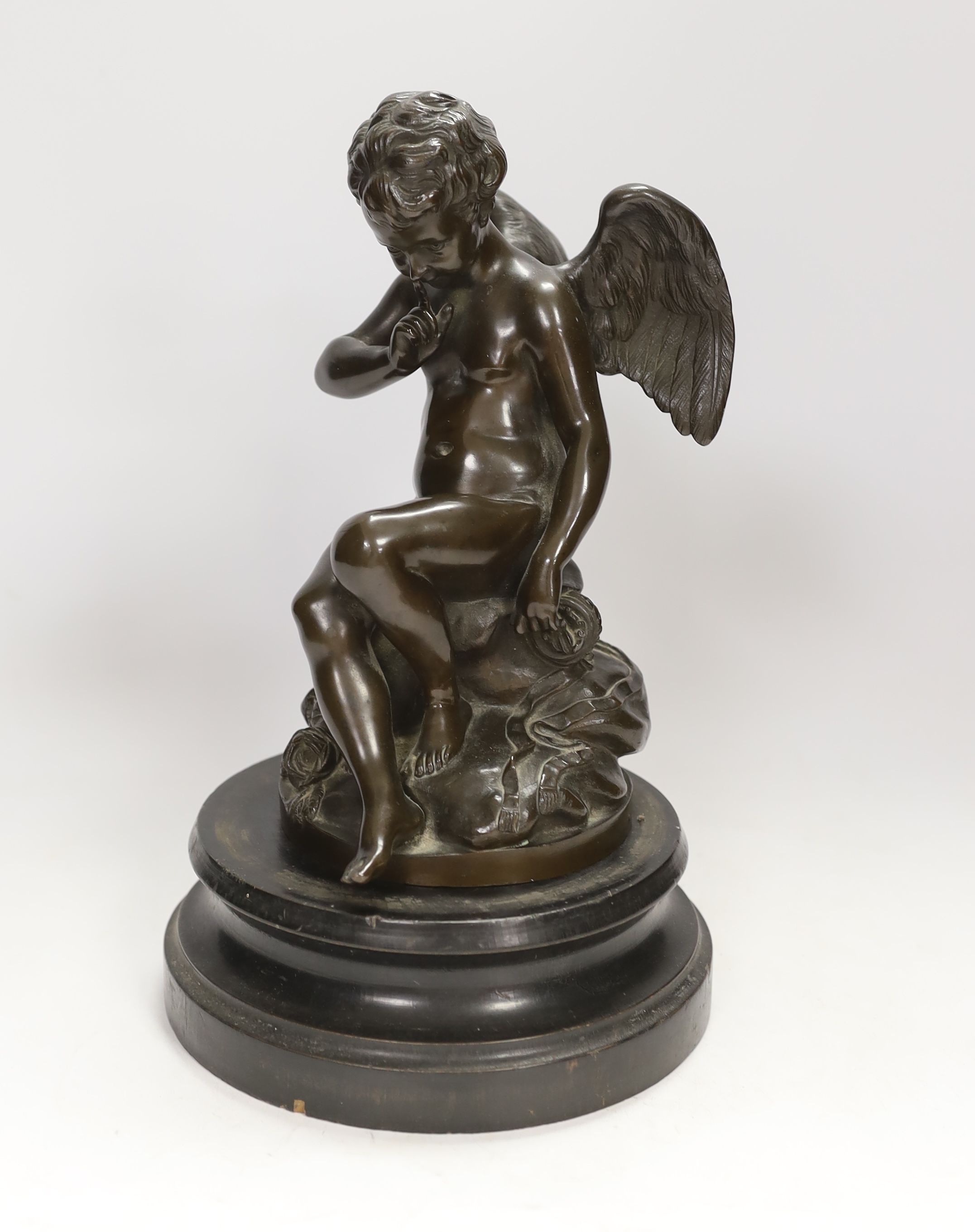 After Etienne Maurice Falconet (French, 1716-1791), a cast bronze of Cupid ‘L’Amour Menacant, on hardwood stand, 28cm total